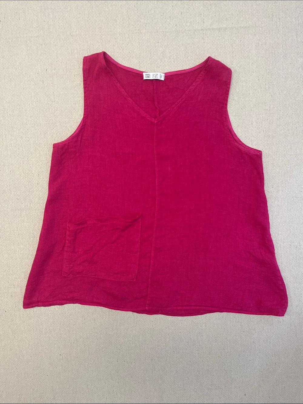 Italian 100% Linen Pink V Neck Tank Top Pocket Lagenlook Coastal Medium